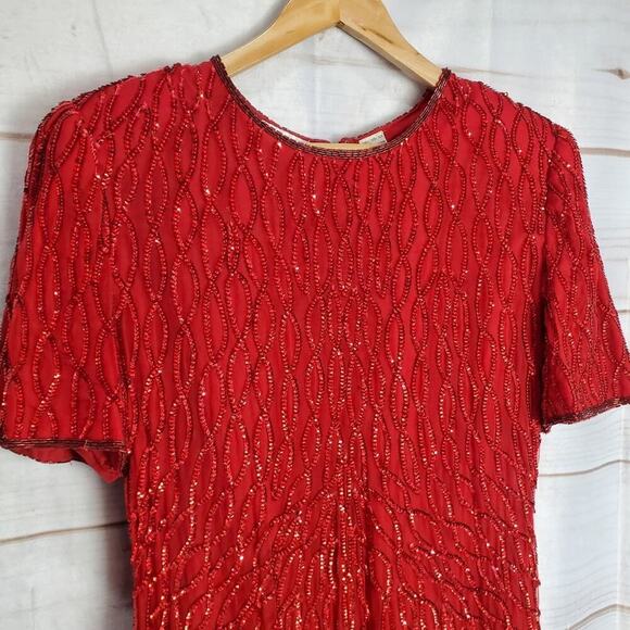 Vintage Laurence Kazar Dress Women Large Red Sequin 80s Beaded Silk Evening Glam - Picture 3 of 13